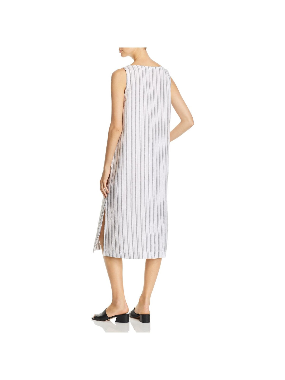 EILEEN FISHER Womens White Striped Sleeveless V Neck Midi Shift Dress L