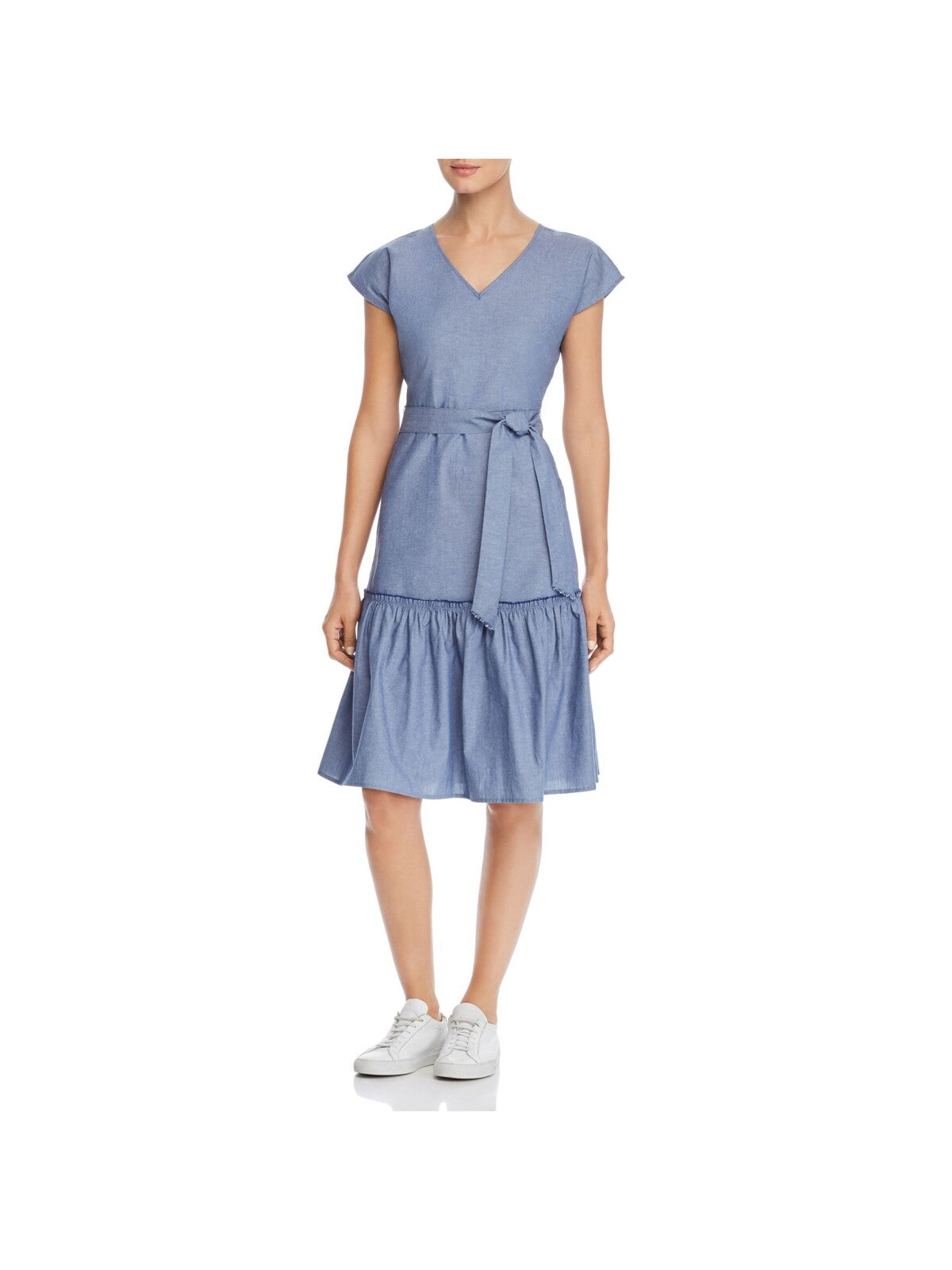 DESIGN HISTORY Womens Blue Chambray Zippered Belted Pleated Cap Sleeve V Neck Above The Knee Fit + Flare Dress M