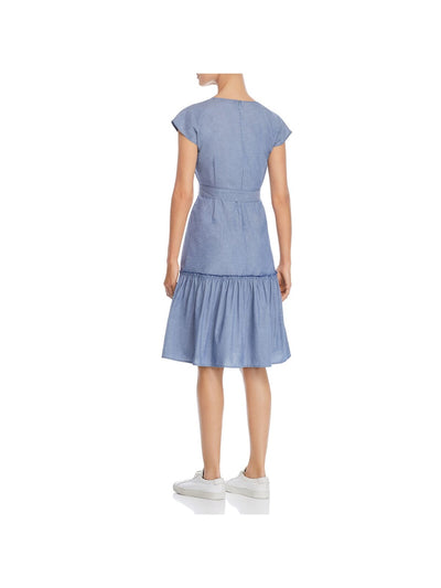 DESIGN HISTORY Womens Blue Chambray Zippered Belted Pleated Cap Sleeve V Neck Above The Knee Fit + Flare Dress M