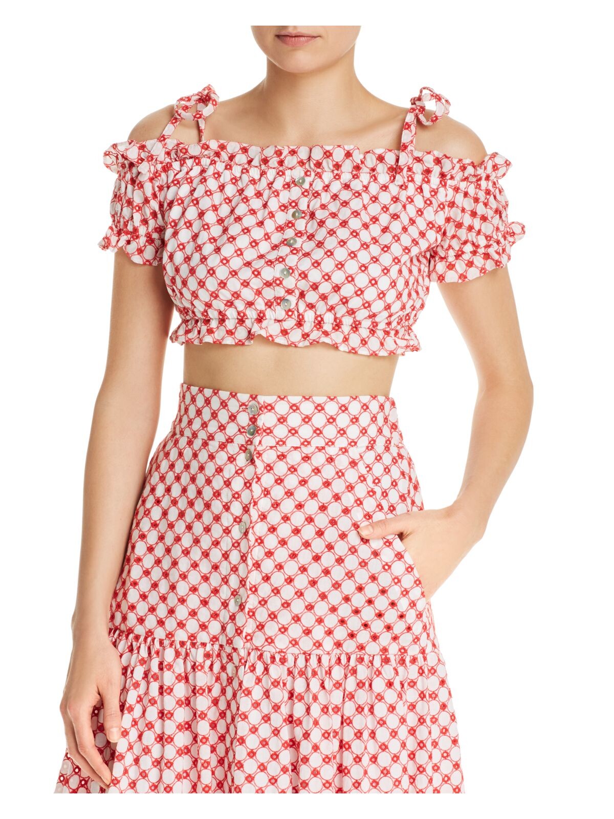 PALOMABLUE Womens Red Ruffled Polka Dot Pouf Off Shoulder Crop Top Size: M