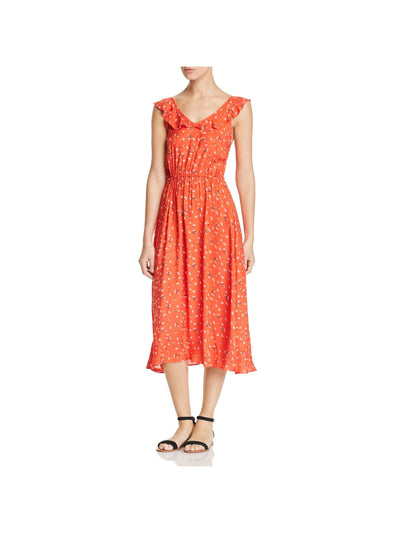 MKT STUDIO Womens Coral Ruffled Elastic Waist Printed Sleeveless V Neck Midi Fit + Flare Dress 42