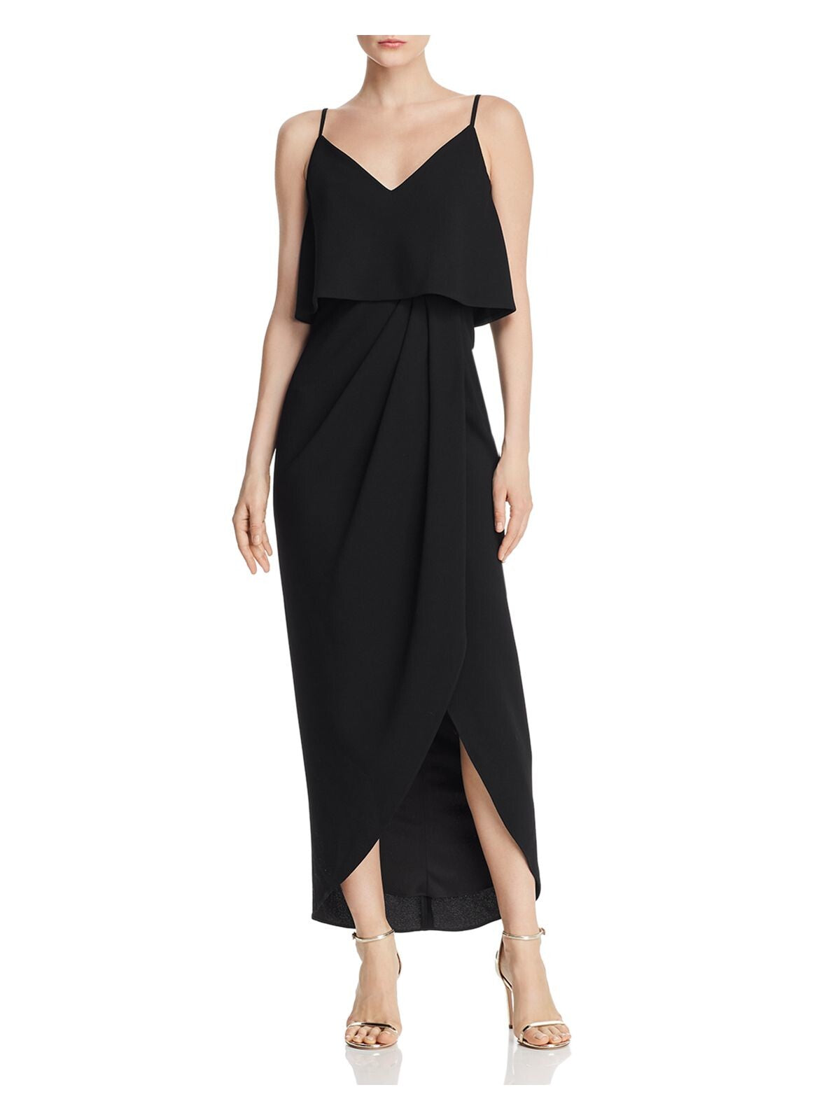 AQUA Womens Black Spaghetti Strap V Neck Tea-Length Hi-Lo Formal Dress Size: 0