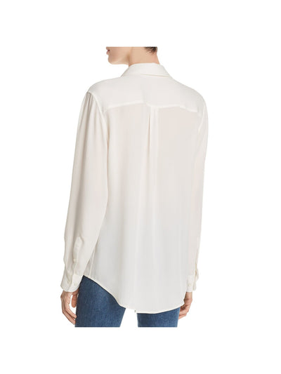 RELATIVE Womens Ivory Pocketed Pleated Semi-sheer Curve Cuffed Sleeve Collared Button Up Top S