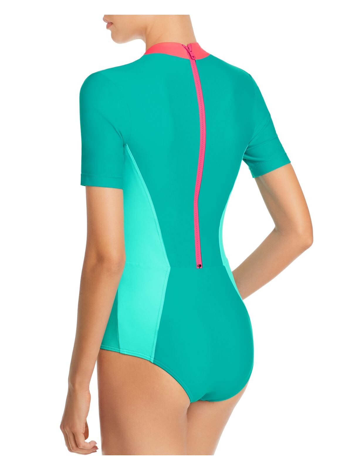 CHROMAT Women's Aqua Color Block SHORT SLEEVE BACK ZIP One Piece Swimsuit M
