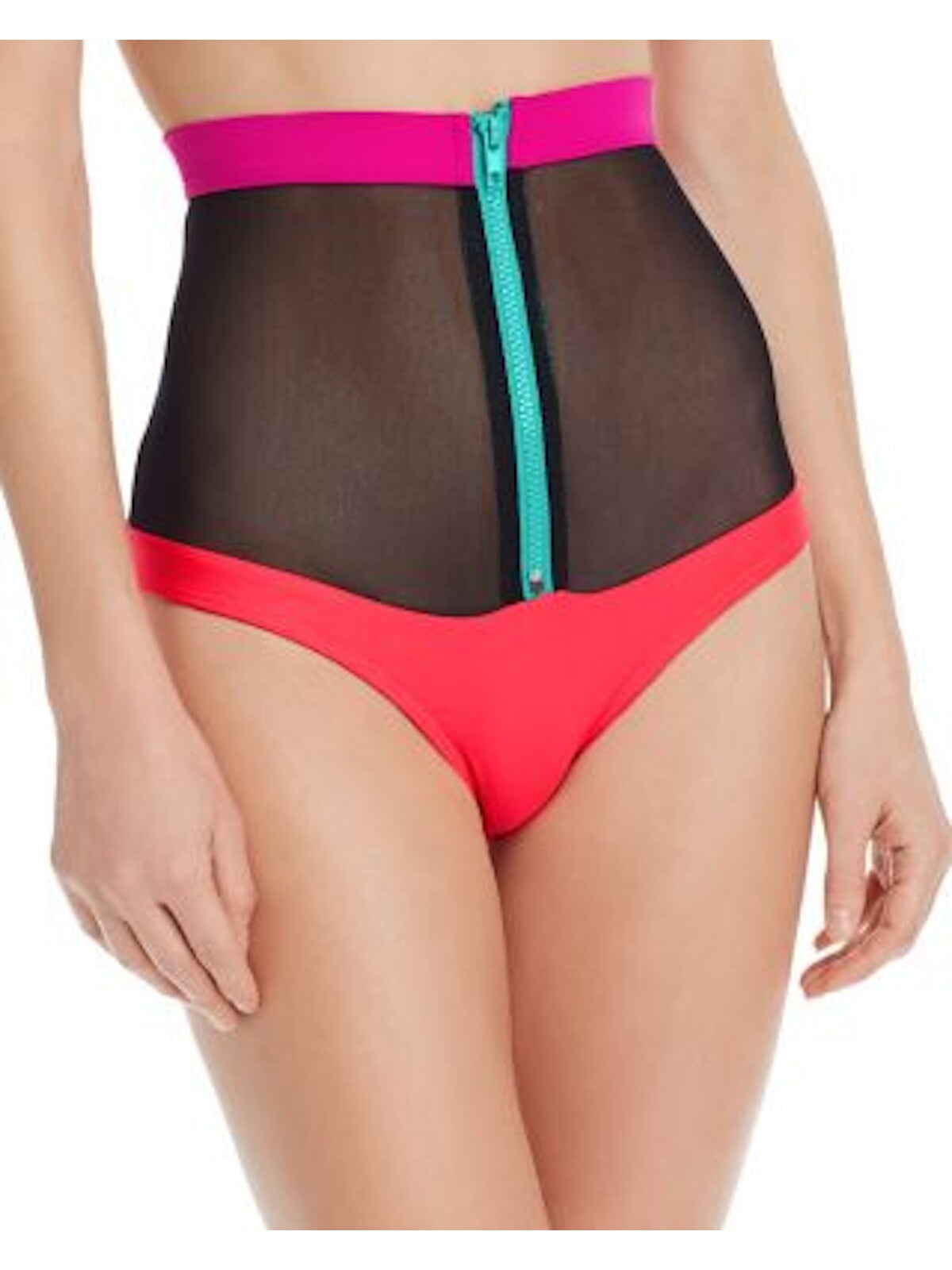 CHROMAT Women's Coral Color Block Zip Front Mesh High Waisted Bikini Bottom XS