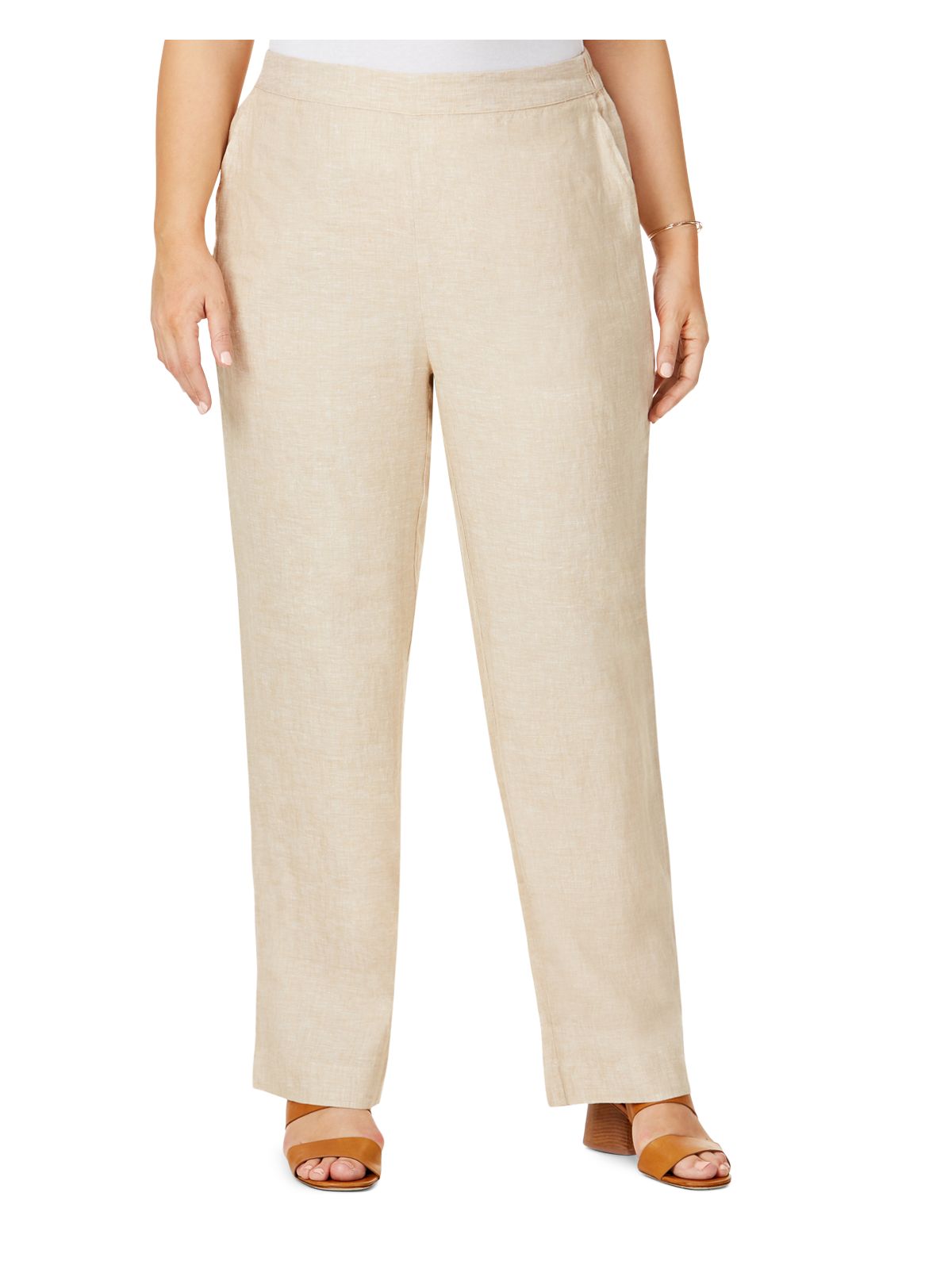 FOXCROFT Womens Beige Flat Front Pocketed Pull-on Style Elastic Back Waist Straight leg Pants 14