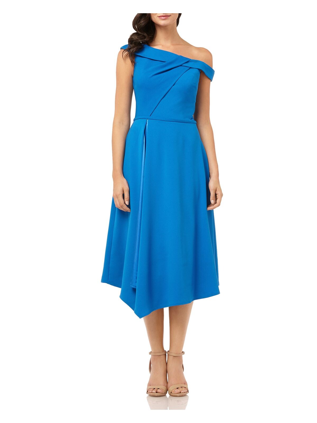 CARMEN MARC VALVO Womens Blue Zippered Asymmetrical Neckline Below The Knee Evening Fit + Flare Dress 2