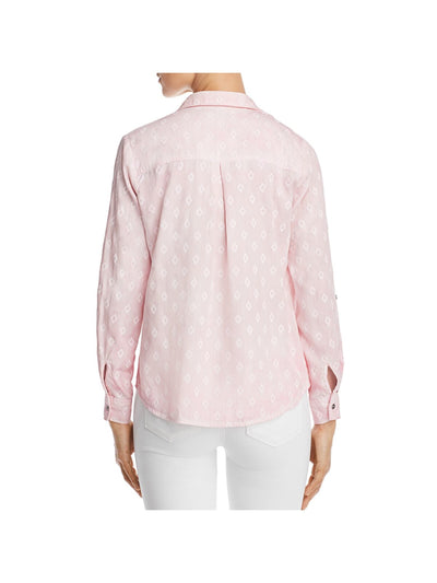 BILLY T Womens Pink Roll-tab Sleeve Collared Wear To Work Button Up Top L