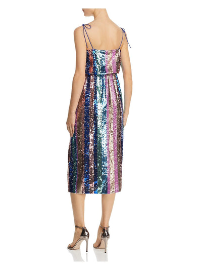 AIDAN MATTOX Womens Blue Sequined Color Block Spaghetti Strap Square Neck Below The Knee Cocktail Fit + Flare Dress 2