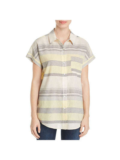MARLED REUNITED CLOTHING Womens Yellow Striped Short Sleeve Collared Button Up Top S