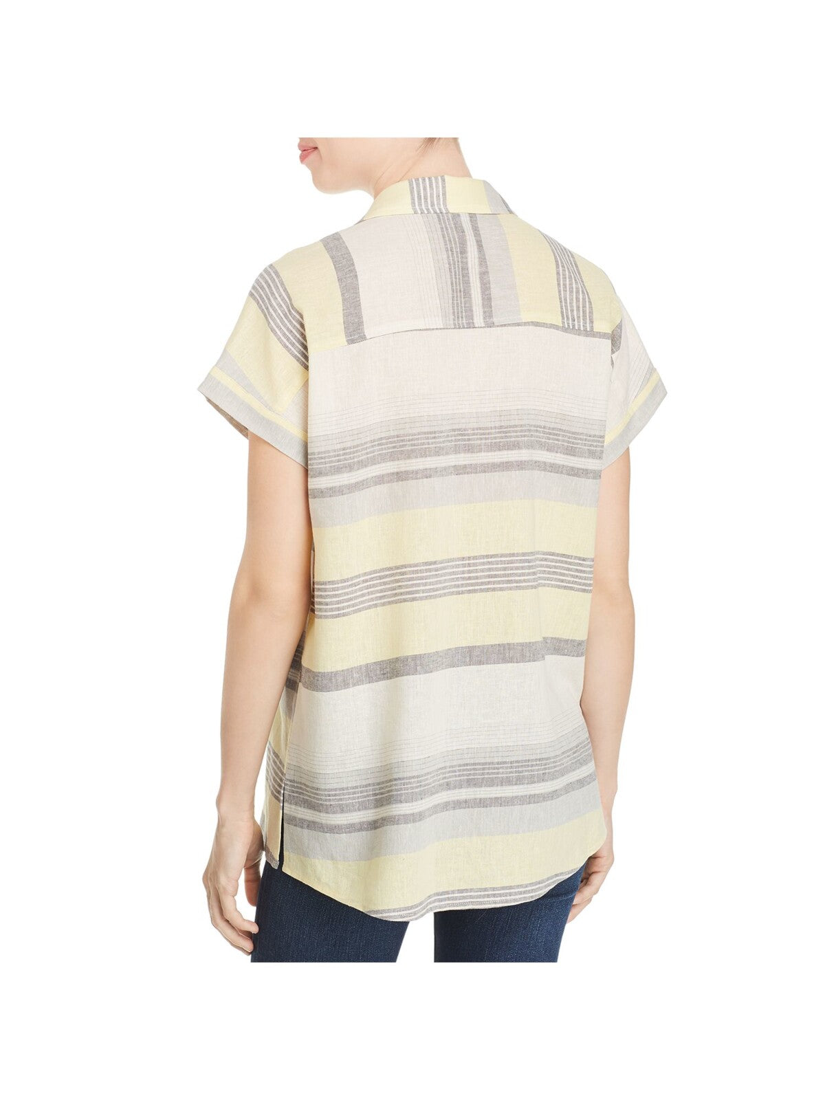 MARLED REUNITED CLOTHING Womens Yellow Striped Short Sleeve Collared Button Up Top S