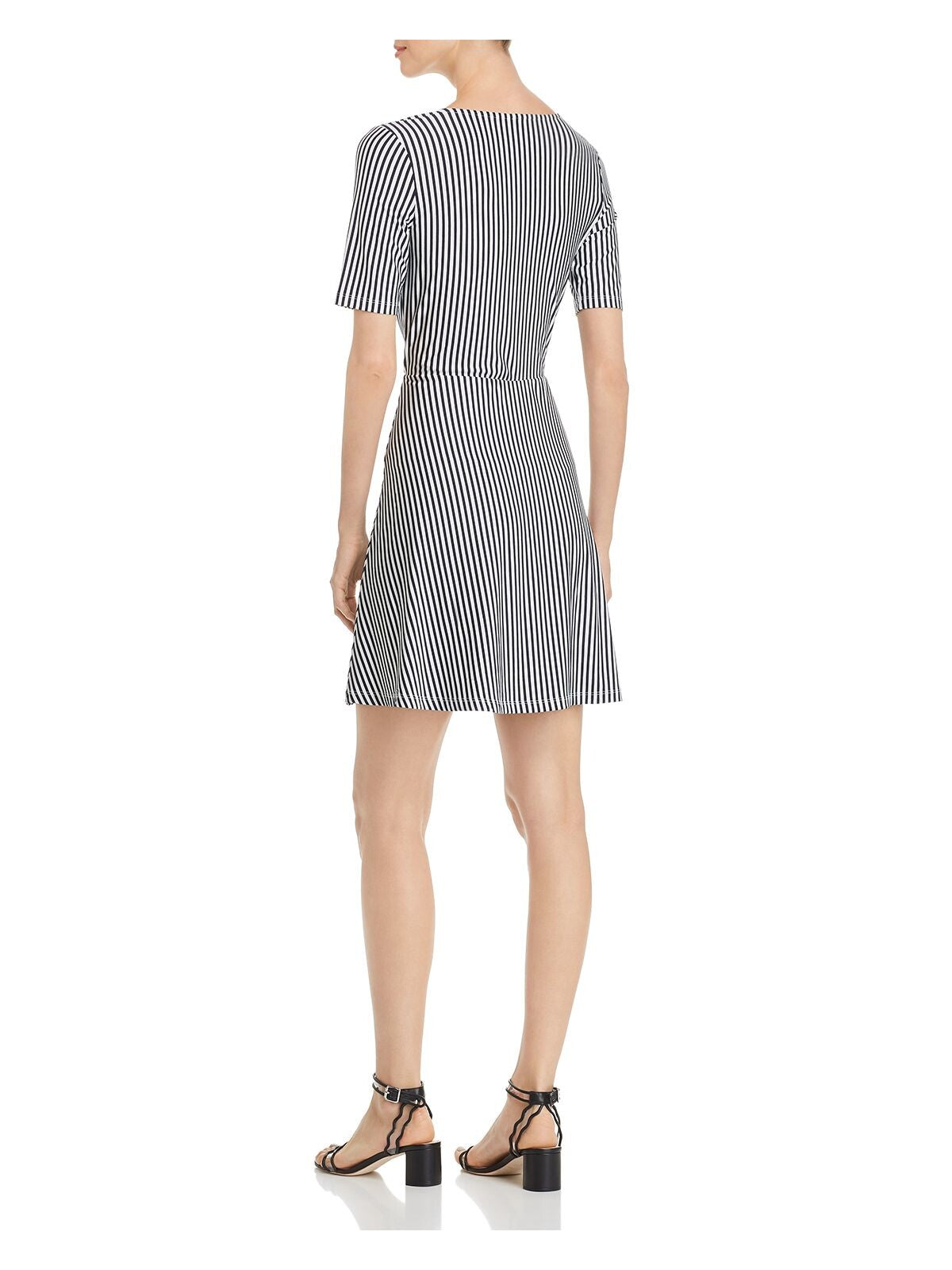 VERO MODA Womens Navy Stretch Pleated Pullover Styling Striped Short Sleeve Round Neck Short Faux Wrap Dress L
