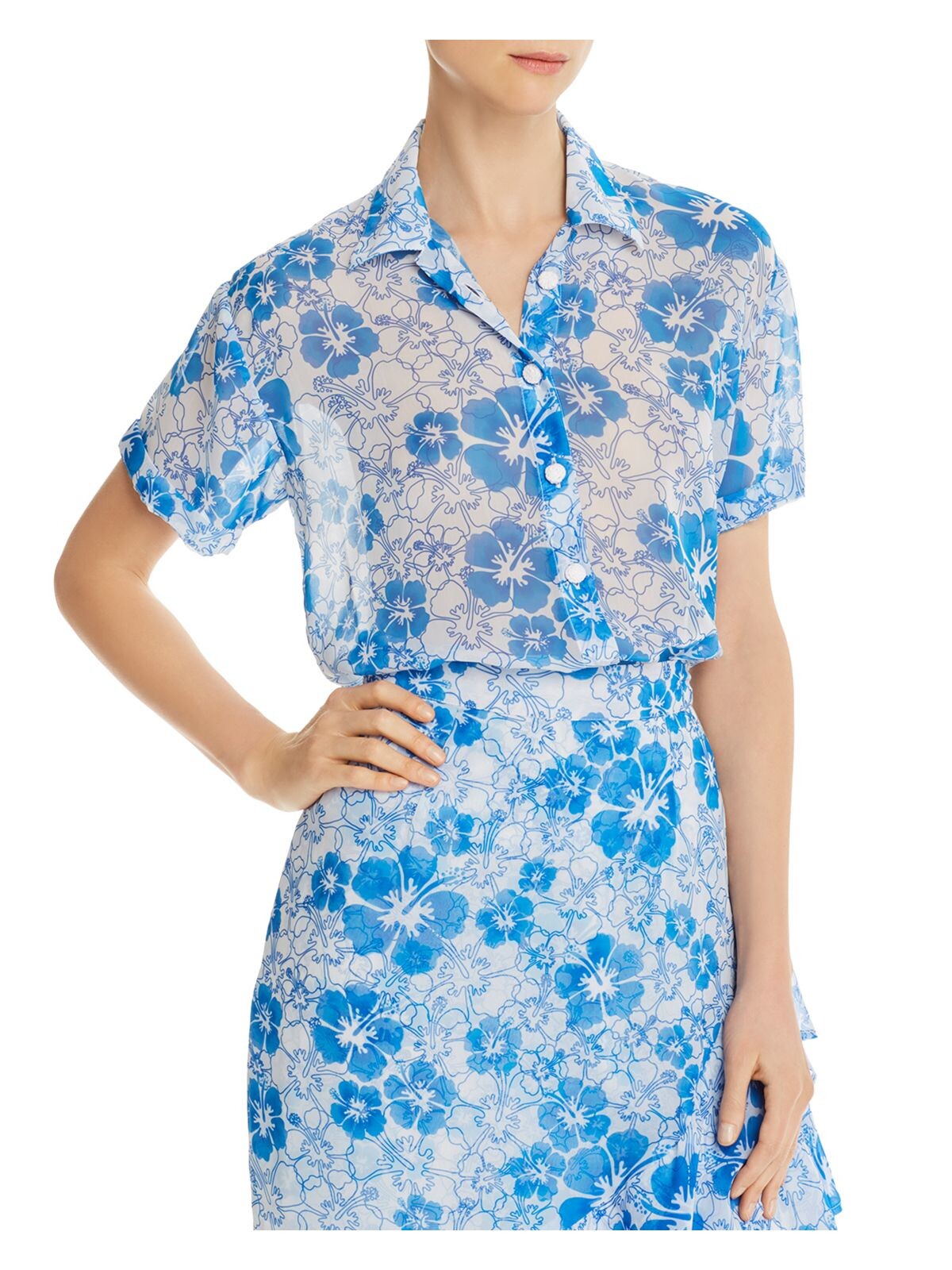 Mochi Womens Blue Floral Short Sleeve Collared Top Size: L