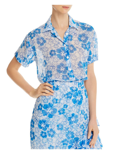 Mochi Womens Blue Floral Short Sleeve Collared Top Size: L
