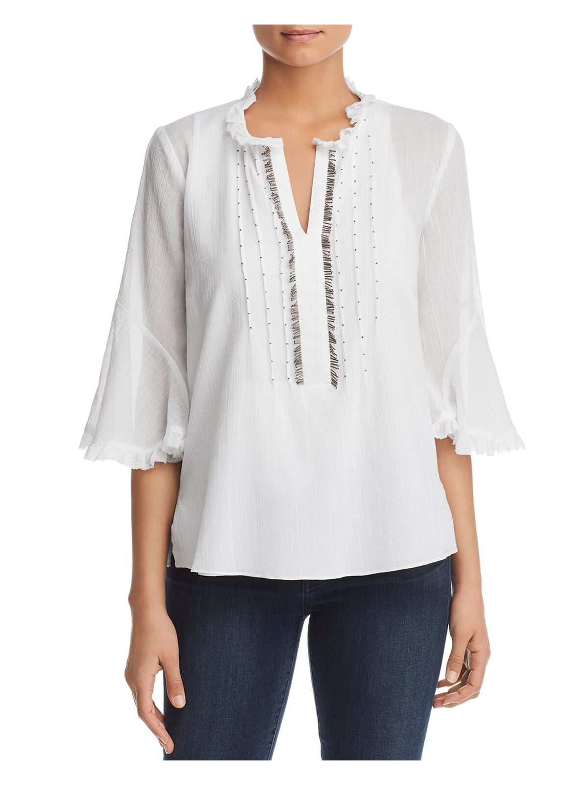 LE GALI Womens White Embellished Bell Sleeve Top Size: XS
