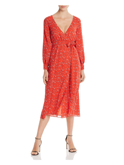 FAME AND PARTNERS Womens Orange Floral Long Sleeve V Neck Below The Knee Fit + Flare Dress 6