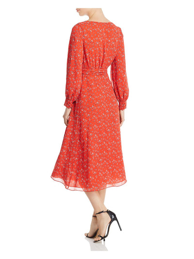 FAME AND PARTNERS Womens Orange Floral Long Sleeve V Neck Below The Knee Fit + Flare Dress 6