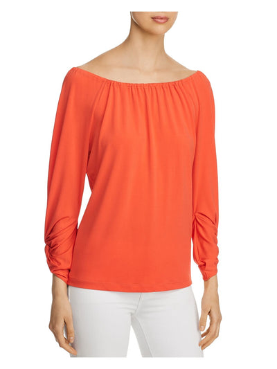LE GALI Womens Orange Gathered Solid Long Sleeve Boat Neck T-Shirt Size: XS