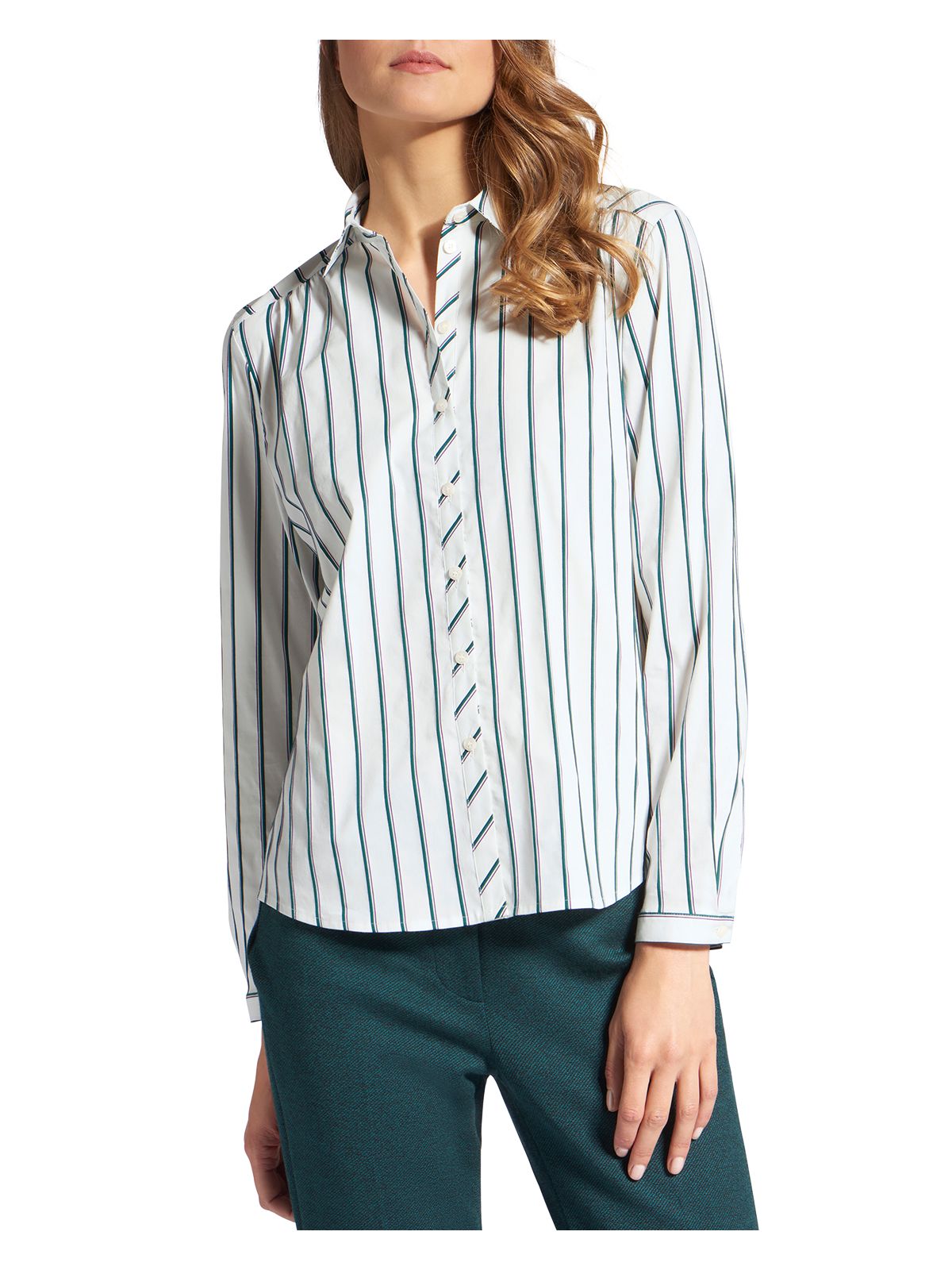 BASLER Womens White Striped Cuffed Collared Button Up Top Size: 12