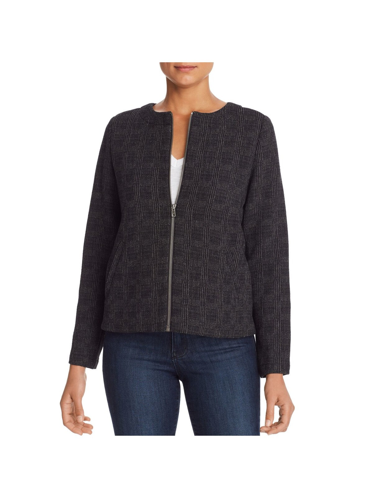EILEEN FISHER Womens Gray Pocketed Textured Jacquard Zip Up Jacket L