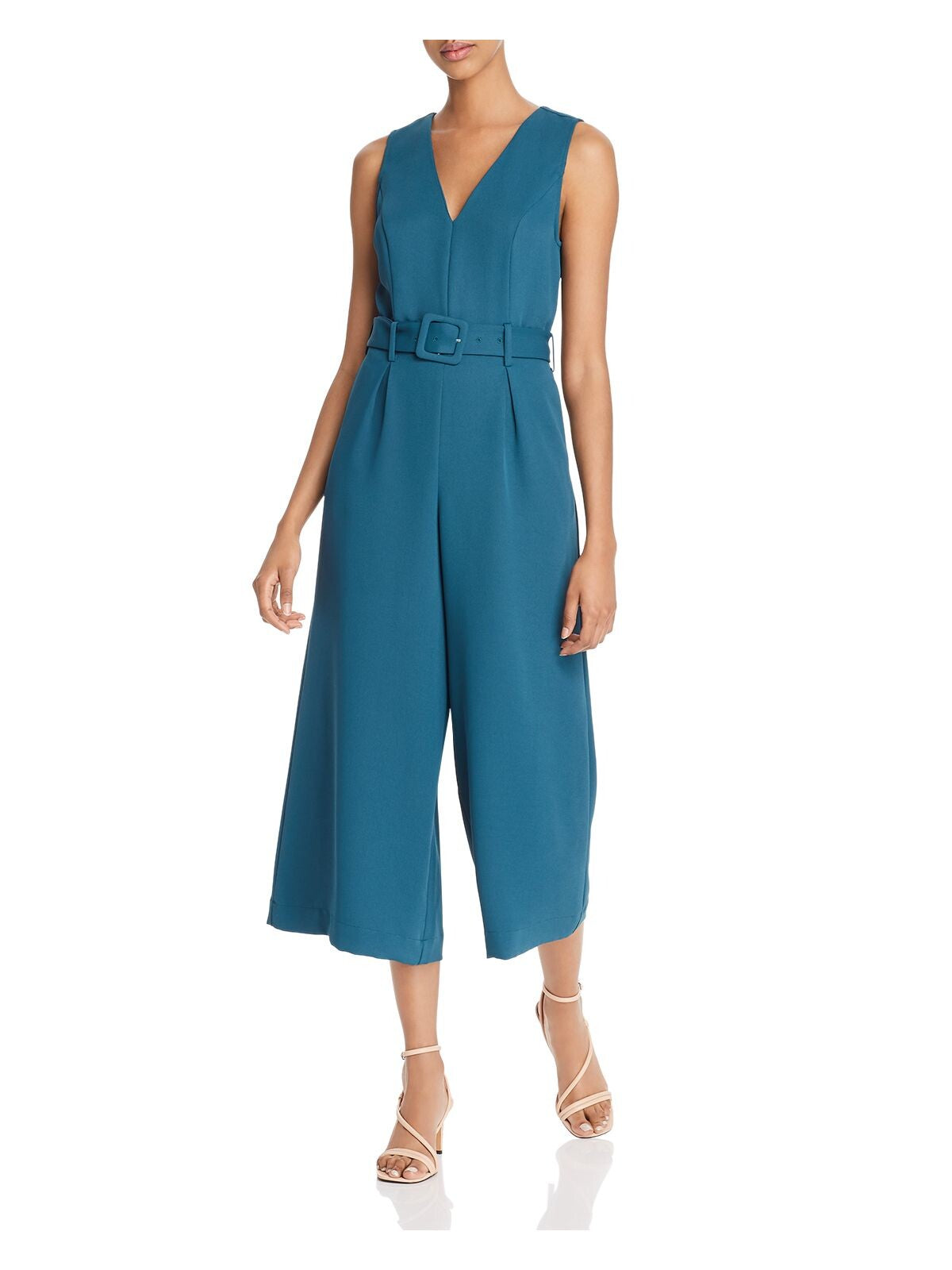 JOIE Womens Green Belted Sleeveless V Neck Wide Leg Jumpsuit Size: 0