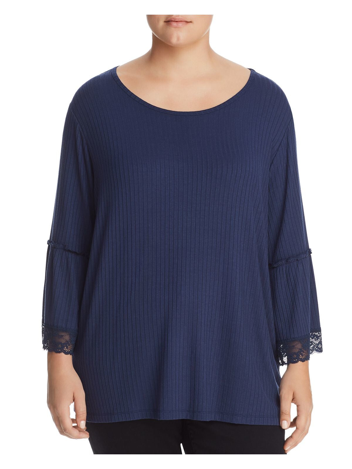 SINGLE THREAD Womens Navy Ribbed Bell Sleeve Scoop Neck Top Plus Size: 1X