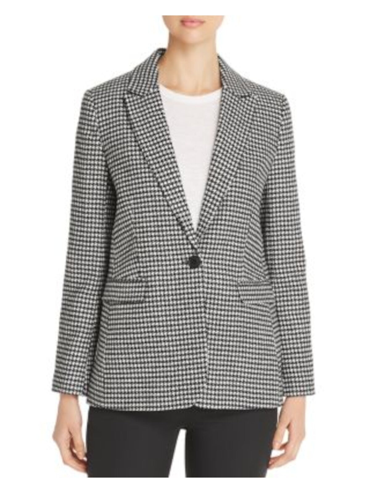 MKT STUDIO Womens Black Wool Blend Pocketed Single-breasted Lined Houndstooth Long Sleeve Collared Wear To Work Blazer Jacket 36