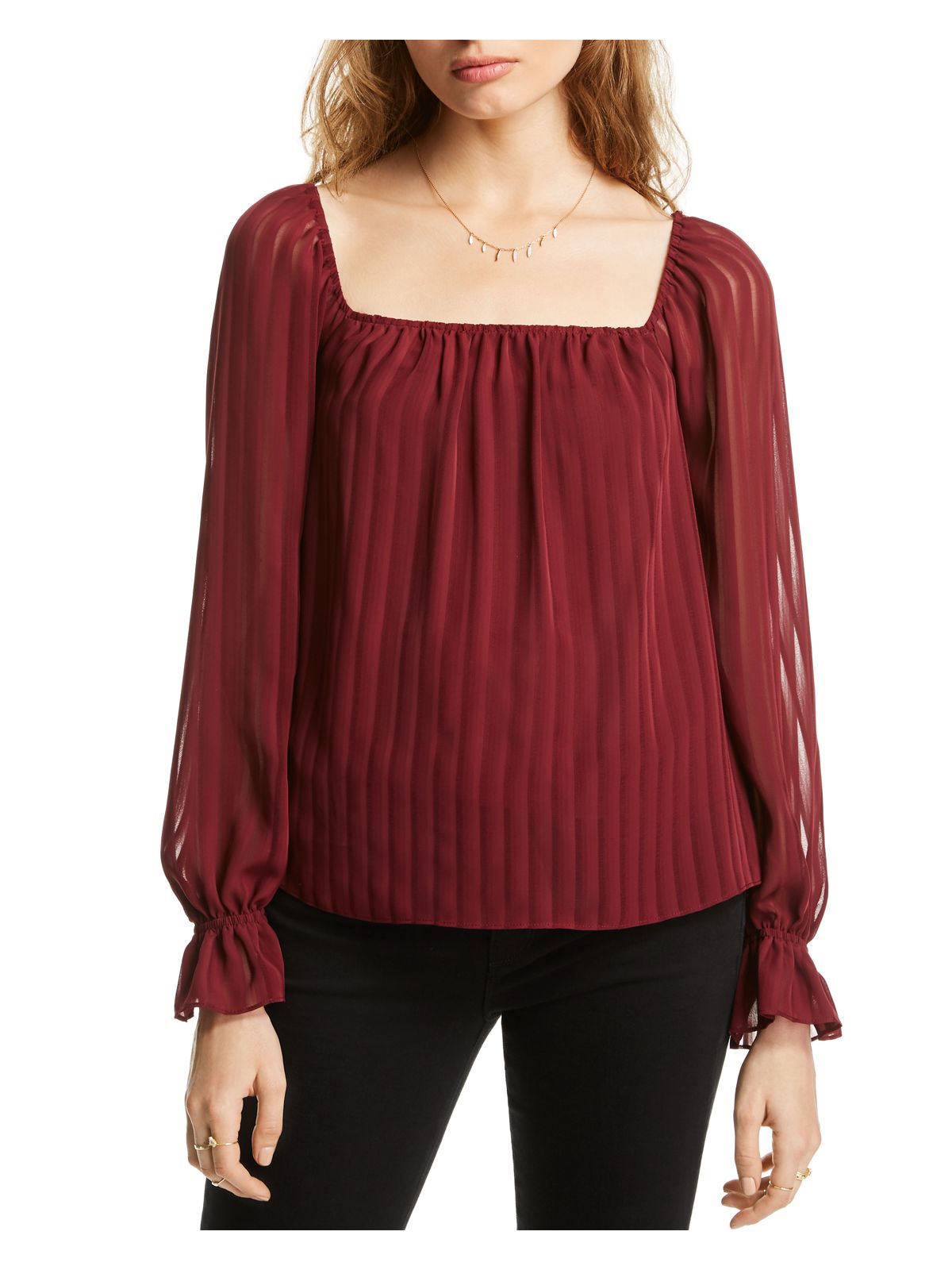 LINI Womens Burgundy Striped Long Sleeve Square Neck Blouse Size: XS