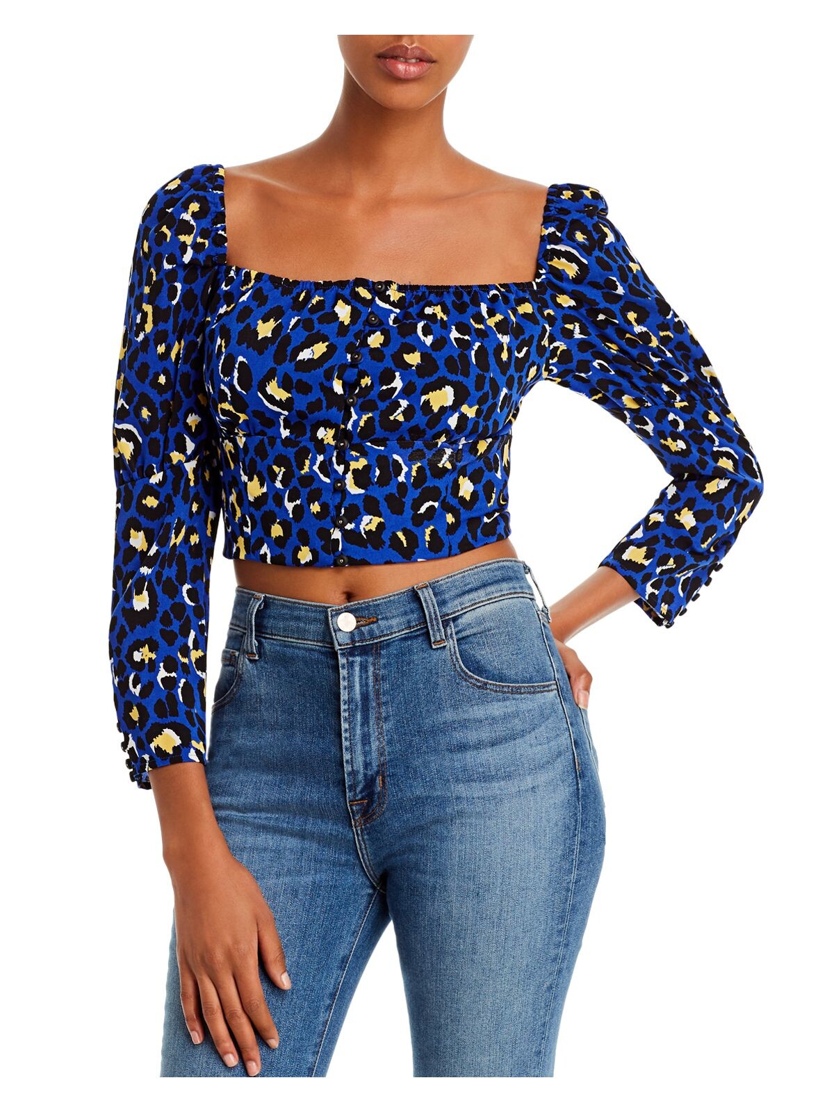 Rahi Womens Blue Printed Long Sleeve Square Neck Crop Top Size: L