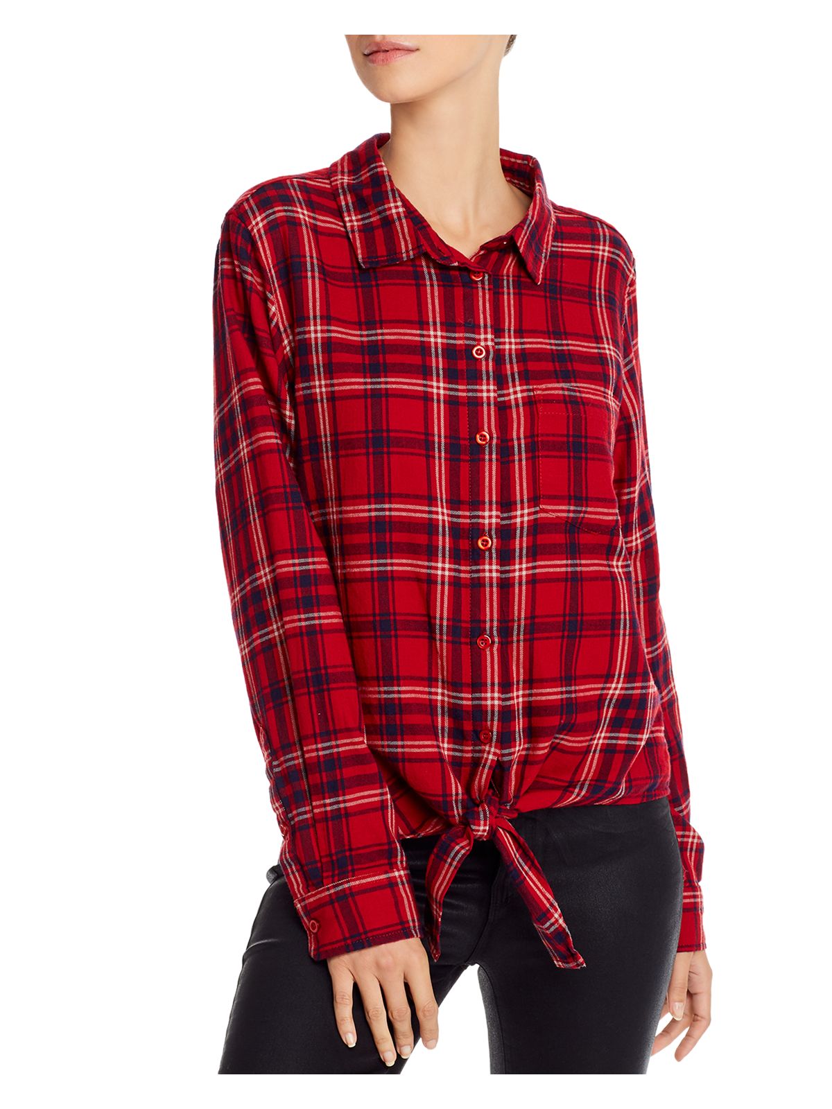 AQUA Womens Red Tie Plaid Long Sleeve Collared Button Up Top Size: S