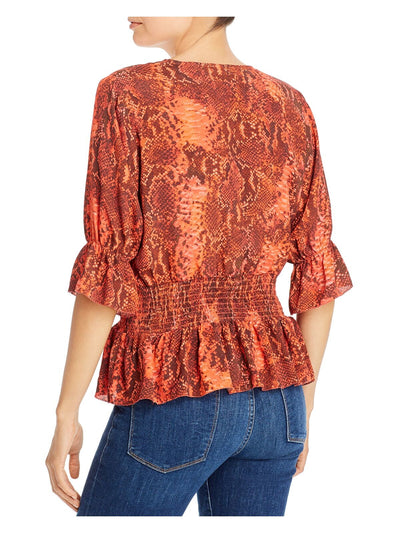 NOTES Womens Red Ruffled Elbow Sleeve Smocked Animal Print V Neck Top Size: 40
