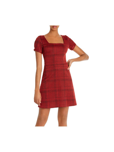 AQUA Womens Red Houndstooth Pouf Square Neck Short Fit + Flare Dress Size: M