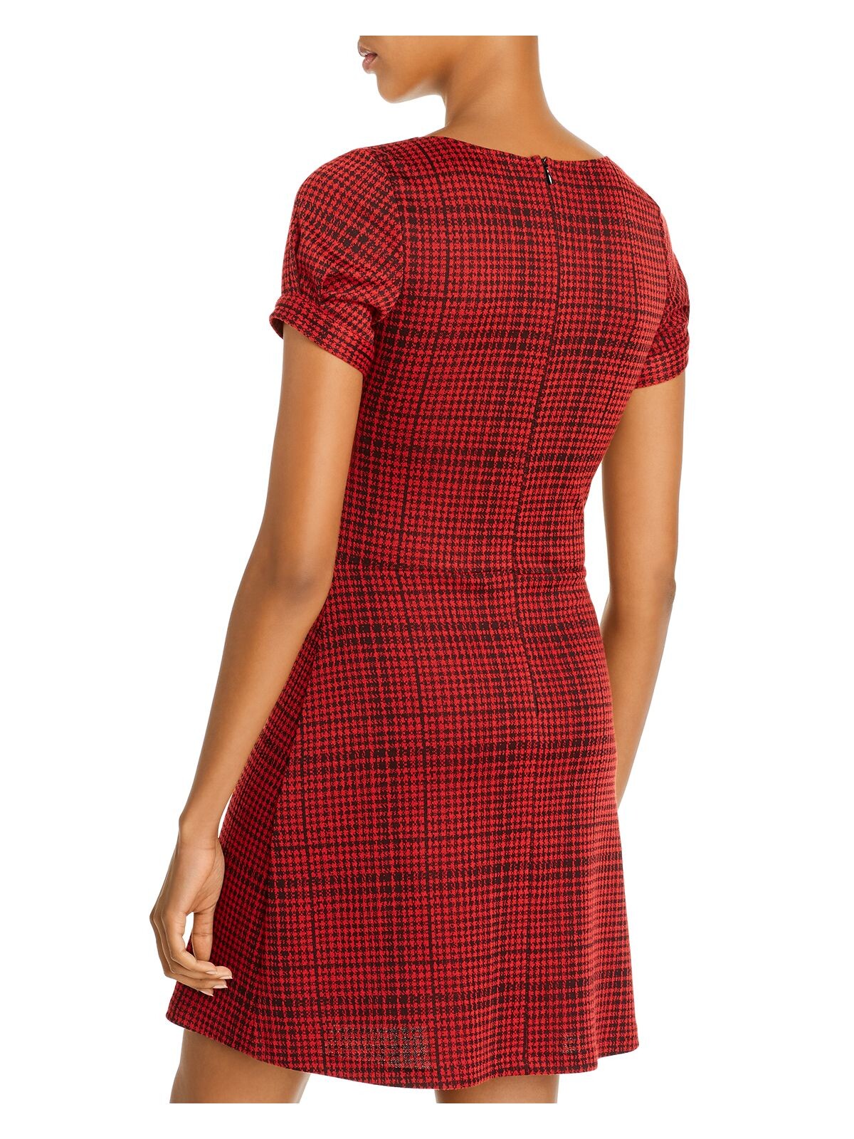AQUA Womens Red Houndstooth Pouf Square Neck Short Fit + Flare Dress Size: M