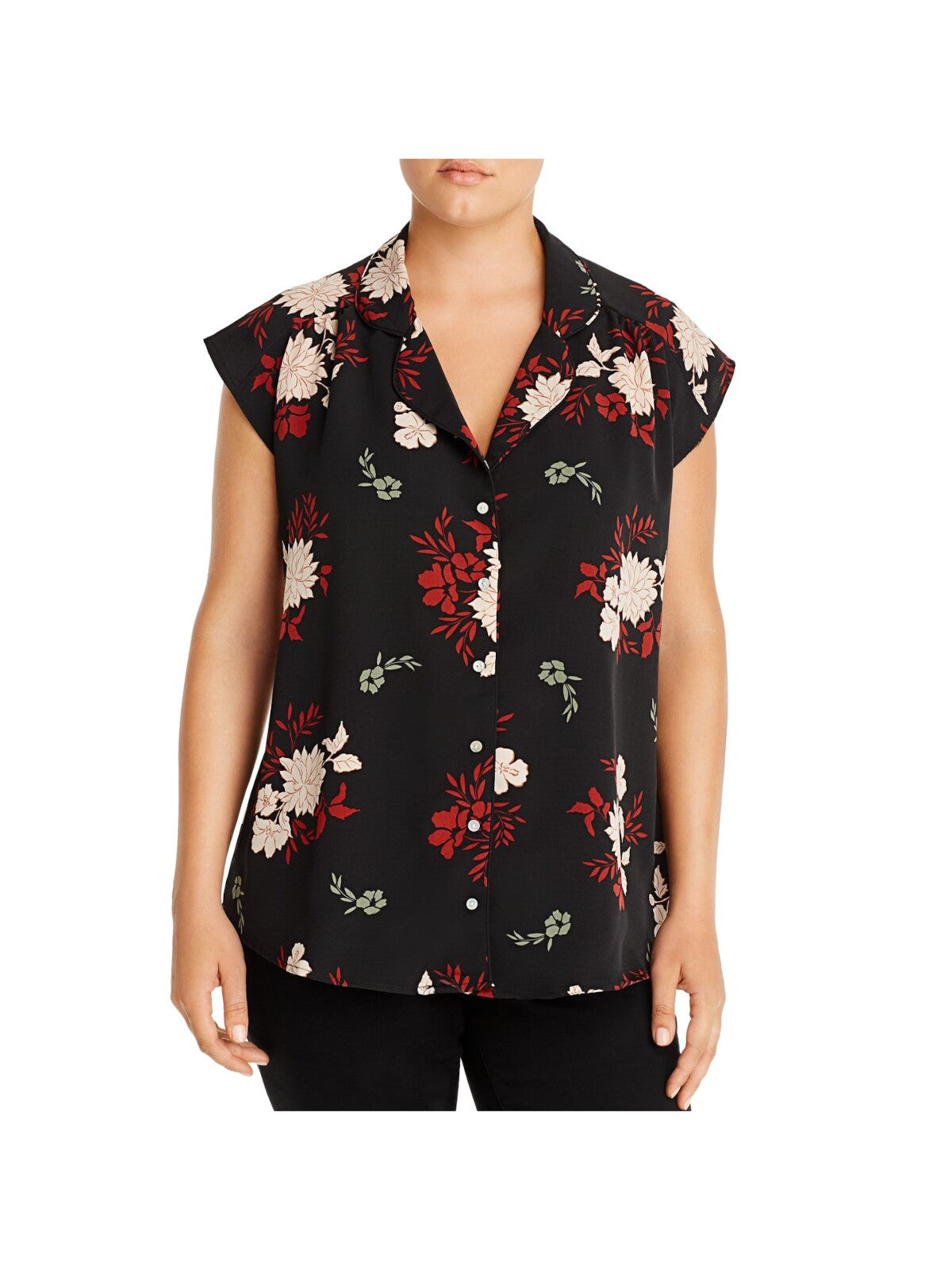 B COLLECTION Womens Black Pleated Curved Hem Floral Cap Sleeve Collared Button Up Top Plus 1X