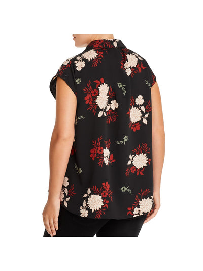 COLLECTION BY BOBEAU Womens Black Pleated Curved Hem Floral Cap Sleeve Collared Button Up Top Plus 3X