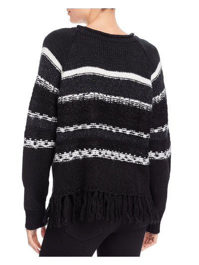 AQUA Womens Black Fringed Striped Crew Neck Sweater Size: M