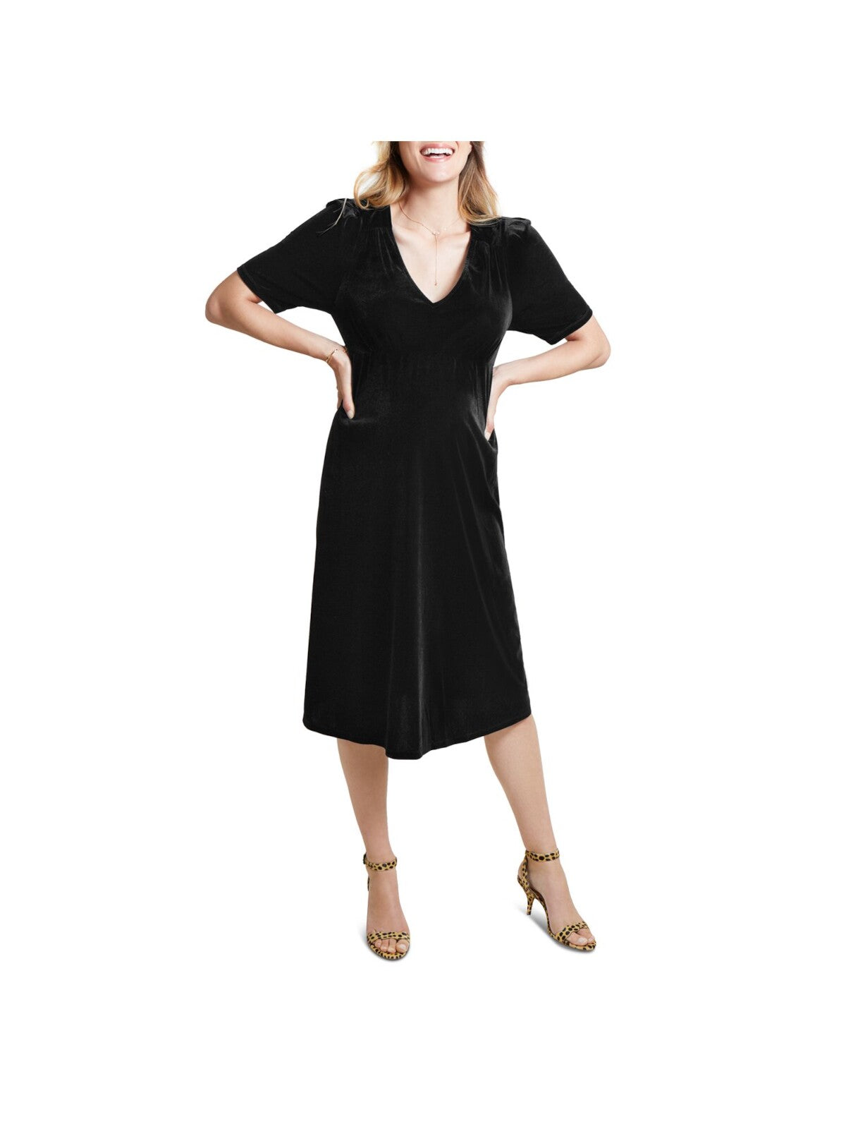 INGRID & ISABEL Womens Black Zippered Velvet Short Sleeve V Neck Midi Evening Empire Waist Dress Maternity L