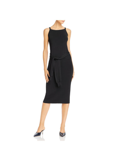 HELMUT LANG Womens Black Tie Ribbed Sleeveless Square Neck Midi Wear To Work Body Con Dress L