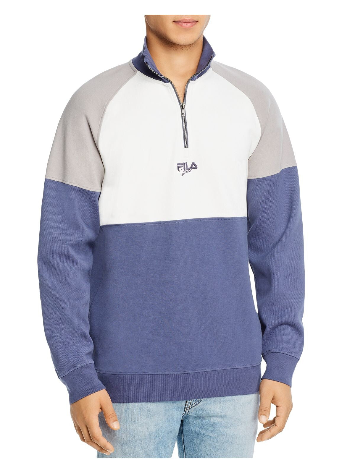 FILA Mens Blue Color Block Long Sleeve Classic Fit Quarter-Zip Cotton Blend Pullover Sweater XL