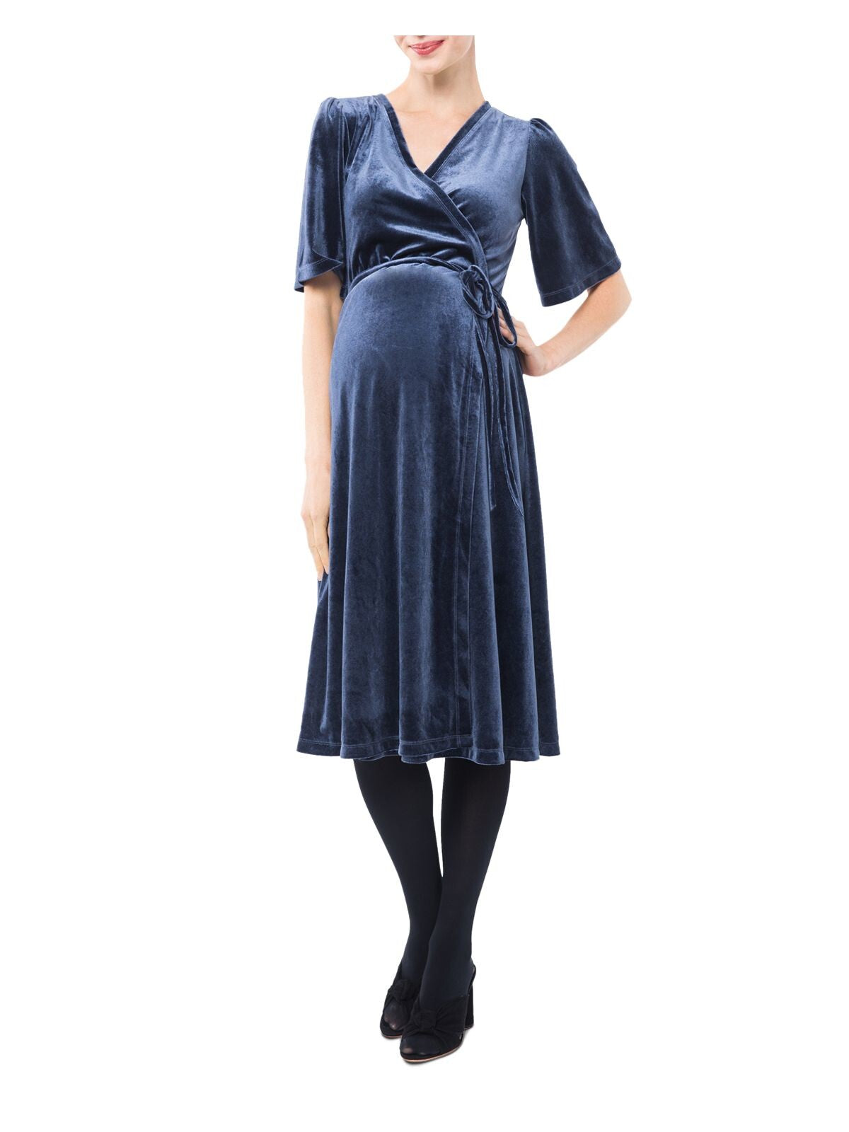 NOM Womens Blue Velvet Short Sleeve Knee Length Wrap Dress Size: L