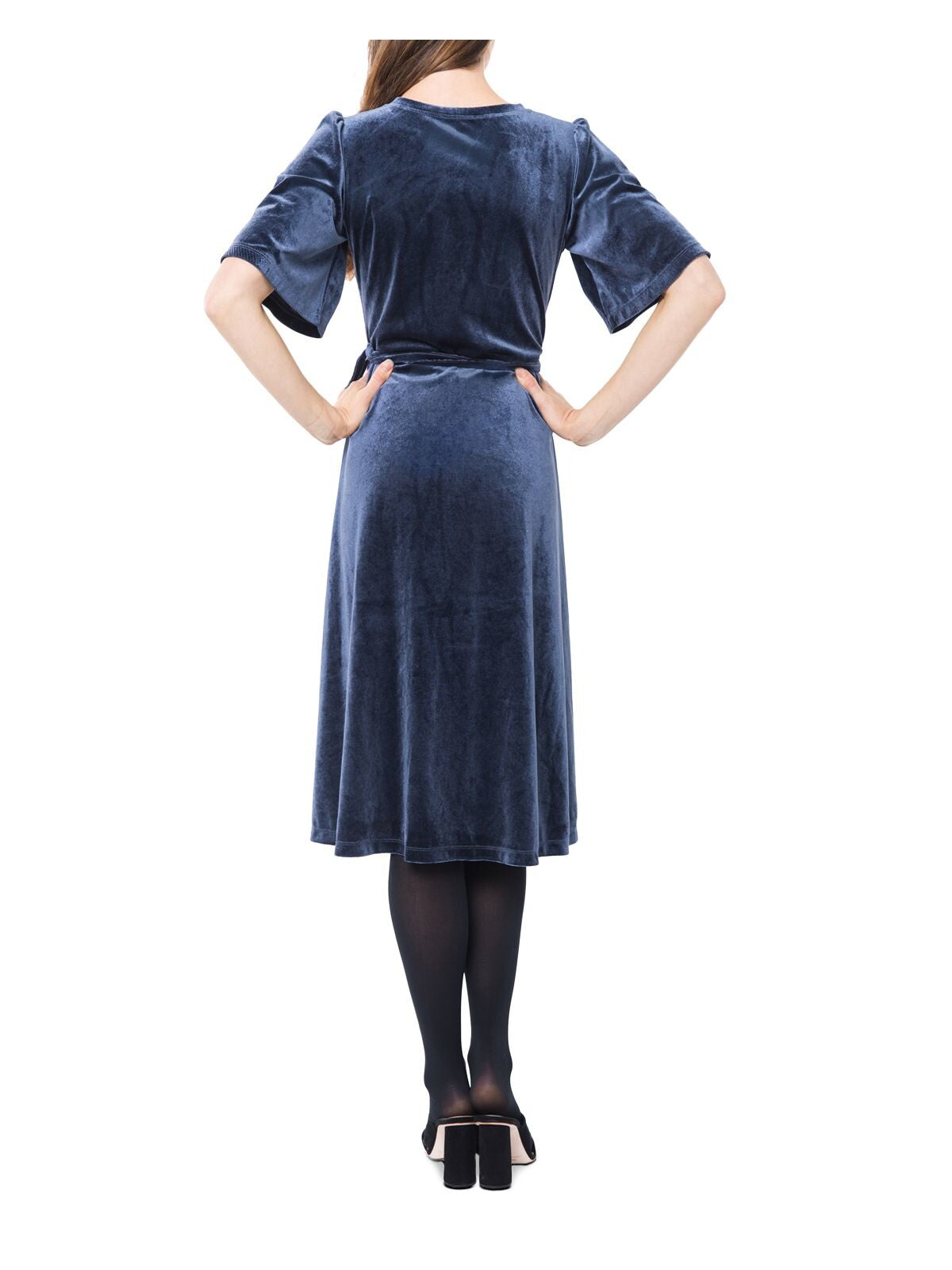 NOM Womens Blue Velvet Short Sleeve Knee Length Wrap Dress Size: L