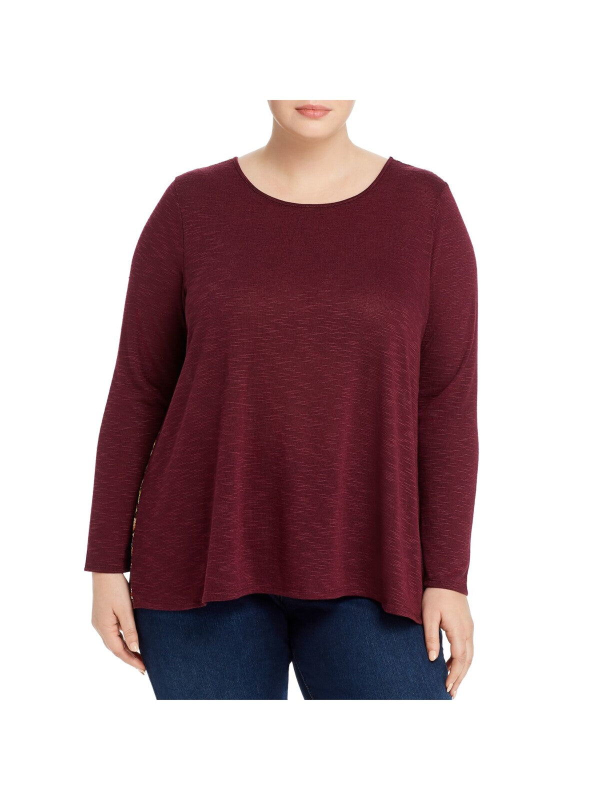 CHENAULT Womens Burgundy Stretch Ribbed Long Sleeve Round Neck Blouse Plus 1X