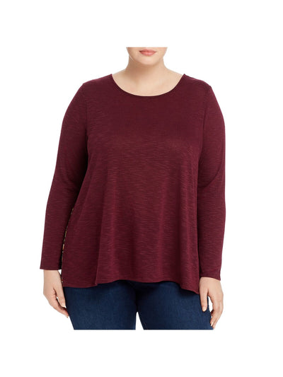 CHENAULT Womens Burgundy Stretch Ribbed Long Sleeve Round Neck Blouse Plus 2X