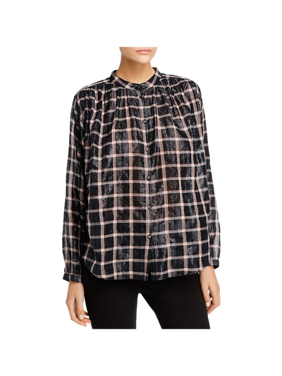 LA VIE BY REBECCA TAYLOR Womens Black Textured Plaid Long Sleeve Mandarin Collar Wear To Work Button Up Top S