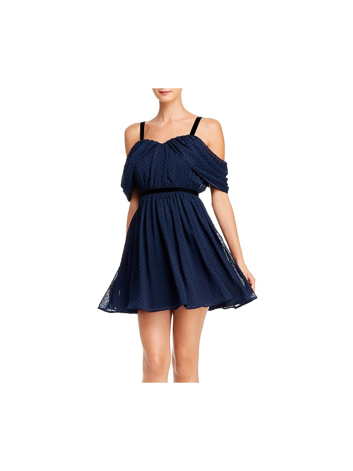 AQUA Womens Navy Polka Dot Sleeveless Short Fit + Flare Evening Dress Size: XS