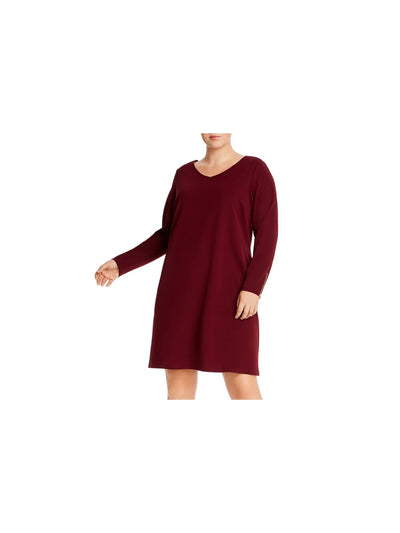 AQUA CURVE Womens Burgundy Stretch Zippered Long Sleeve V Neck Above The Knee Party Shift Dress Plus 1X
