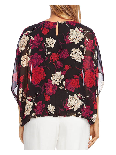 VINCE CAMUTO Womens Red Sheer Batwing Floral Round Neck Blouse XXS