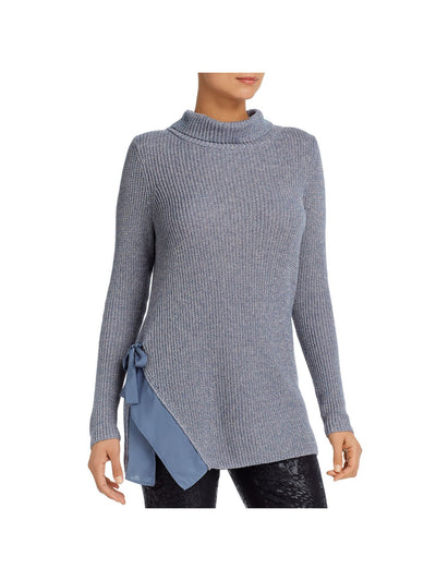 NIC+ZOE Womens Blue Stretch Textured Ribbed Woven Side-tie Contrast Long Sleeve Turtle Neck Tunic Sweater XS