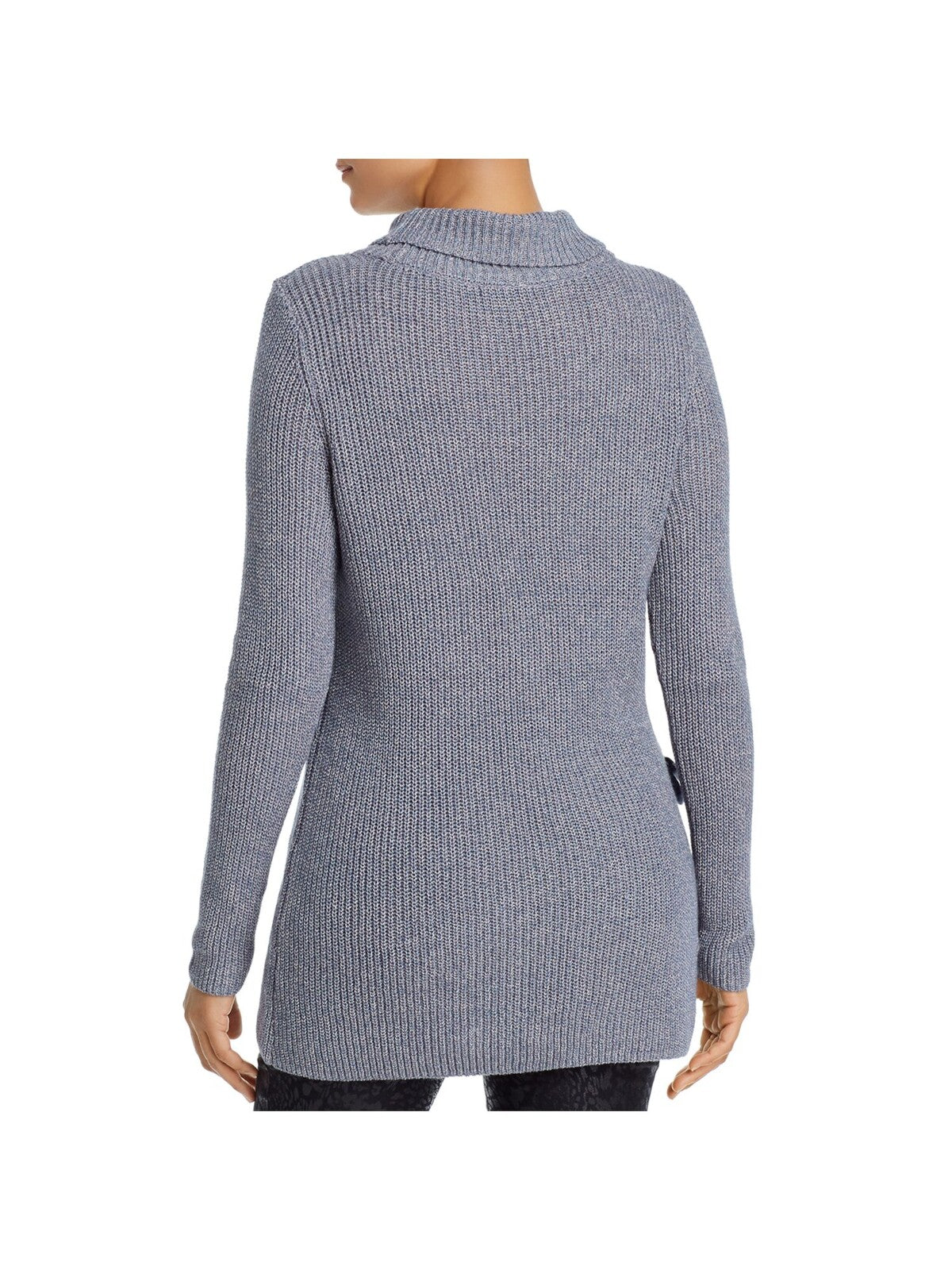 NIC+ZOE Womens Blue Stretch Textured Ribbed Woven Side-tie Contrast Long Sleeve Turtle Neck Tunic Sweater XS