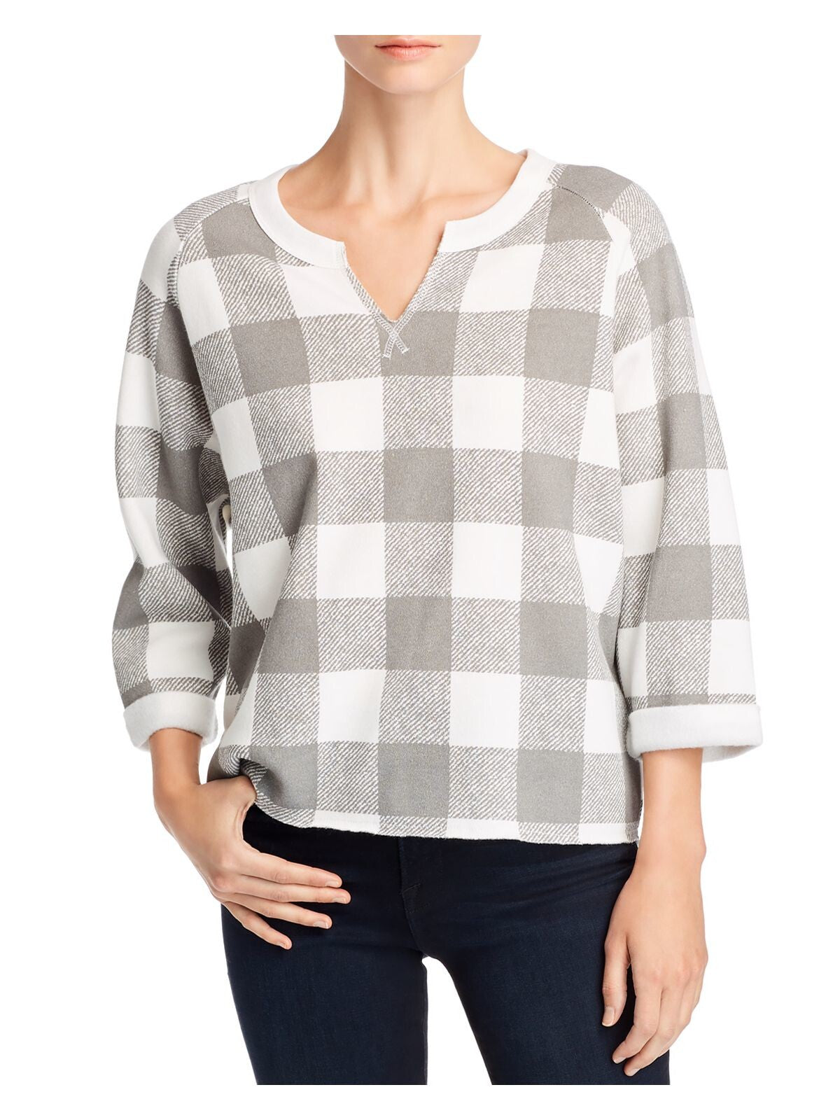 ALTERNATIVE Womens White Check 3/4 Sleeve V Neck Hi-Lo Sweater Size: XS